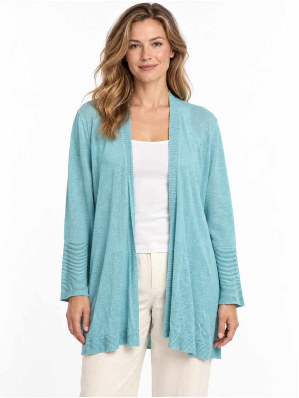 Eileen Fisher 100% Organic Linen Turquoise Open Front Cardigan Size M
